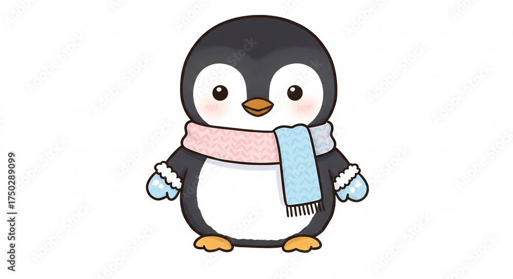 Obraz premium Adorable cartoon penguin joyfully dressed in a colorful scarf and mittens bringing winter cheer.. AI Generated