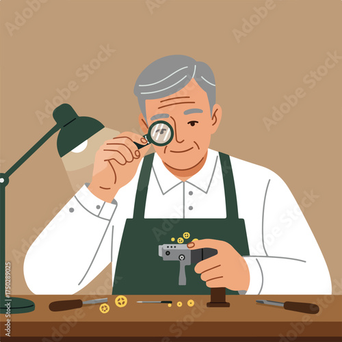 An elder craftsman examines tiny gears with a magnifier at his workbench