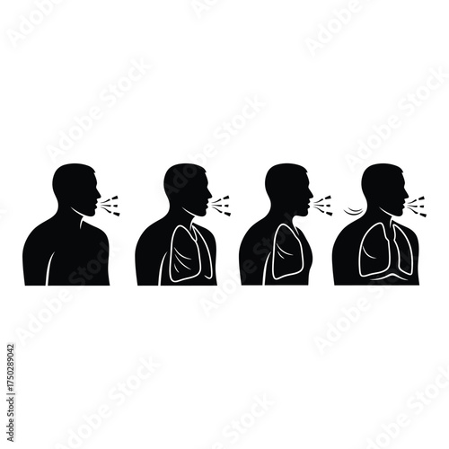 Visualizing respiration sequence human anatomy lung function stages of inhalation and exhalation simple silhouette medical diagram silhouette