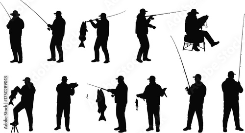 Silhouette of fishermen holding fish and fishing rods, successful catch, outdoor sport fishing activity, peaceful nature recreation, angler lifestyle 