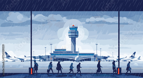 Pixel art airport terminal with airplanes and people walking in the rain during a cloudy day.
