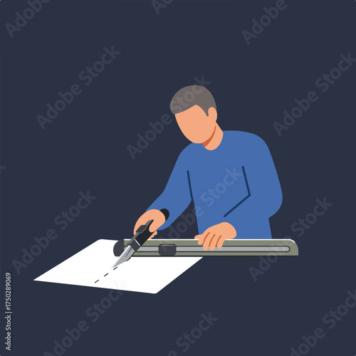 Person using a craft knife and ruler to cut paper