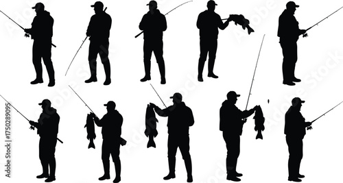 Silhouette of fishermen holding fish and fishing rods, successful catch, outdoor fishing activity, sport angling, peaceful nature recreation scene