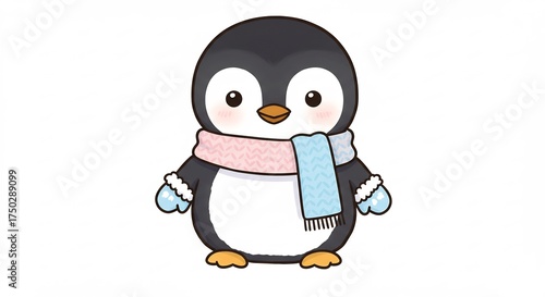Adorable cartoon penguin joyfully dressed in a colorful scarf and mittens bringing winter cheer.. AI Generated