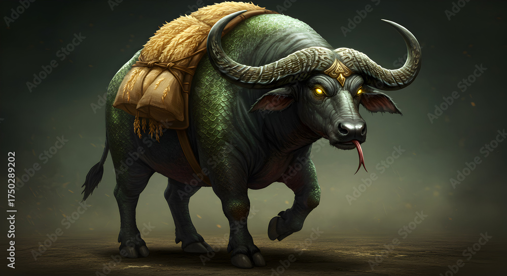 Obraz premium Mystical green water buffalo carrying heavy cargo sacks on its back, conceptual fantasy beast of burden