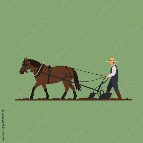 Man and horse plowing a field with old-fashioned equipment