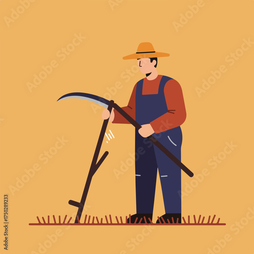 A farmer in overalls and a hat holds a scythe, standing on grass