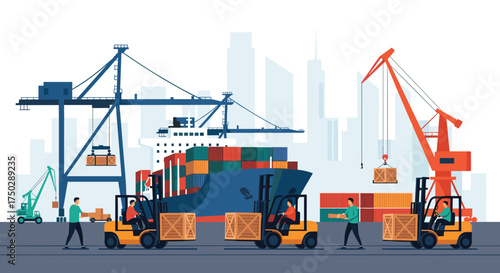 Logistics and transportation of cargo at a busy industrial port with cranes and forklifts.