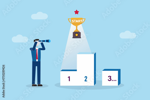 Businessman with spyglass looking towards a trophy on a podium with start and numbers representing competition and success