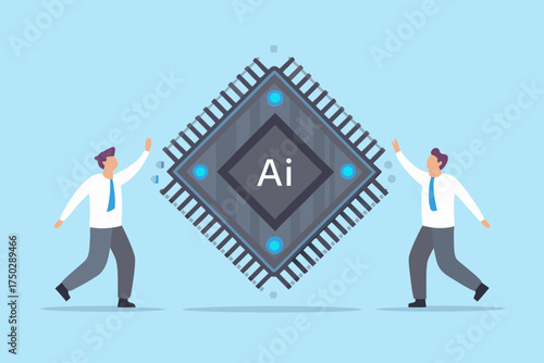 Two businessmen reaching towards a large central processing unit chip labeled ai symbolizing artificial intelligence