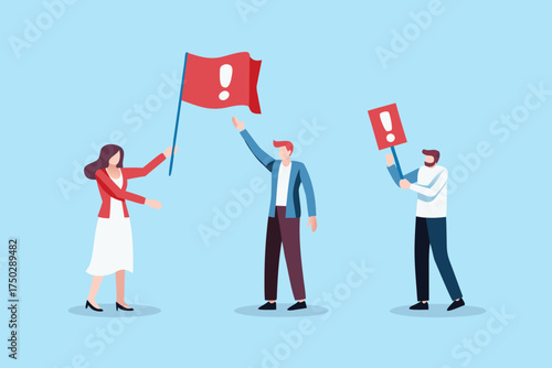 Three diverse people holding red flags and signs with exclamation marks symbolizing protest or announcement