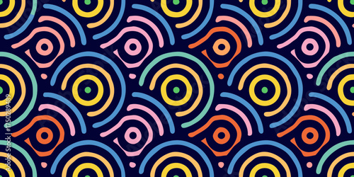 Vibrant abstract seamless pattern with colorful concentric circles and arcs on a dark blue background