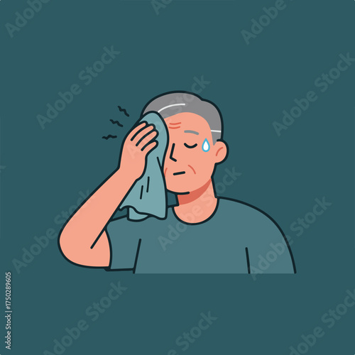 Elderly man wiping sweat from forehead with cloth, looking tired