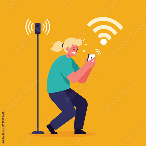 Person with smartphone looks worried by weak signal from Wi-Fi router tower