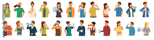 thirsty people drinking icons set cartoon vector bottle