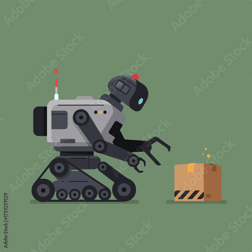 Wheeled robot with gripper arm approaches a cardboard box for delivery or pickup