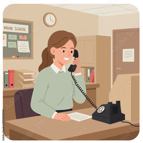 Cheerful person at desk answers a retro telephone in an office setting