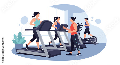 People exercising and working out at a gym with treadmills and an elliptical machine.