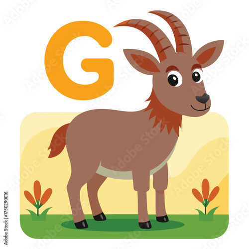 Cartoon ibex with letter g for alphabet learning isolated on white background
