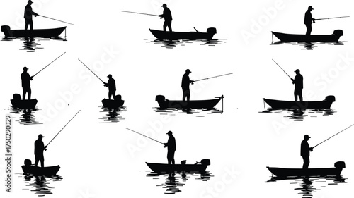 Silhouette of fishermen standing in small boats fishing on calm lake water, peaceful outdoor recreation, tranquil reflection, fishing lifestyle scene