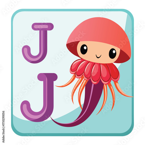 Cute cartoon jellyfish character with letter j for alphabet learning isolated on white background
