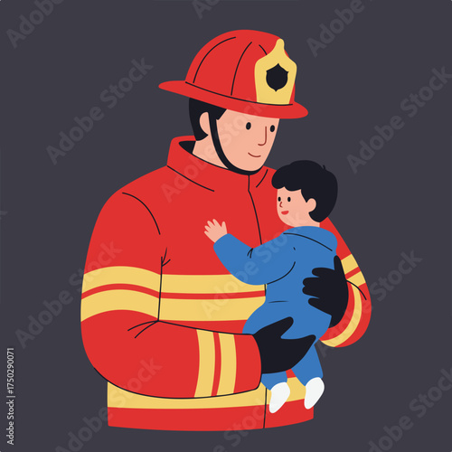 Firefighter in uniform safely holds a child