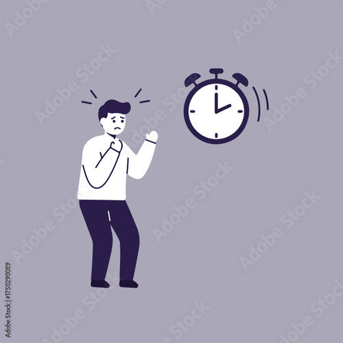 Stressed person with hands near face, looking at ringing alarm clock