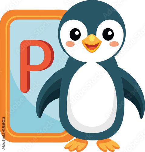 Cute cartoon penguin with letter p on a blue and orange block isolated on white background
