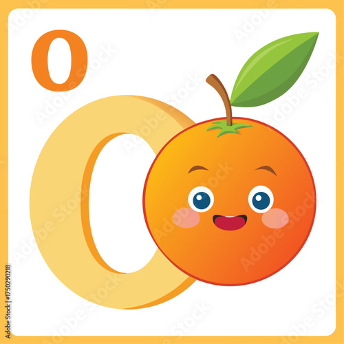 Cute cartoon letter o with a happy orange fruit isolated on white background
