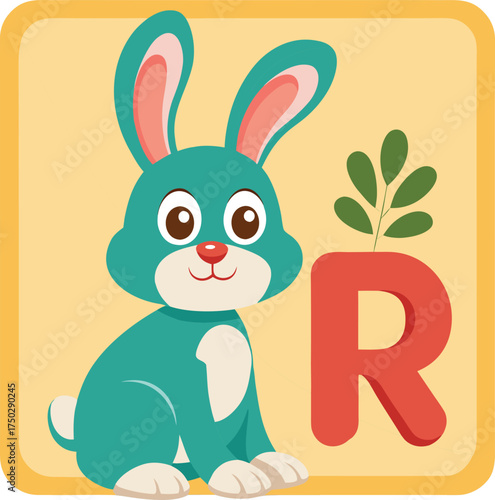 Cute cartoon teal rabbit with big ears and a red letter r and green leaves isolated on white background
