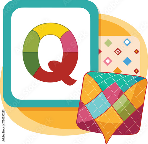 Colorful letter q with a quilt and patterned square isolated on white background
