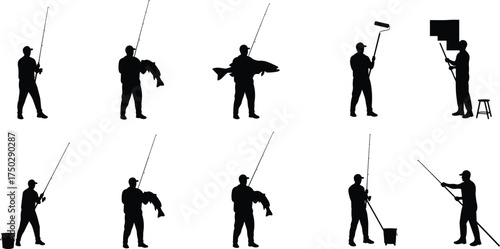 Silhouette of fishermen with fishing rods and large fish, painters working with rollers, outdoor work and fishing concept illustration