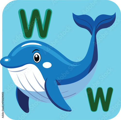 Cute cartoon whale with letter w for alphabet learning isolated on white background
