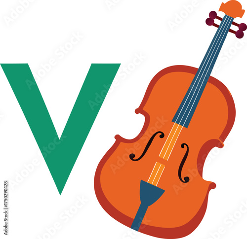 Green letter v next to a cartoon violin isolated on white background
