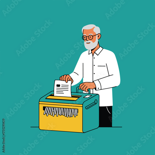 Elder man in glasses shreds documents on a teal background
