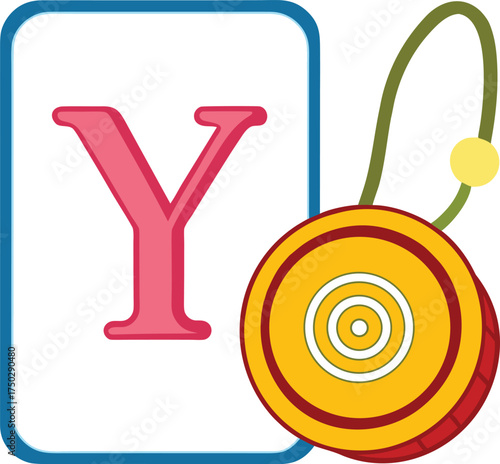 The letter y on a card next to a colorful yo yo isolated on white background
