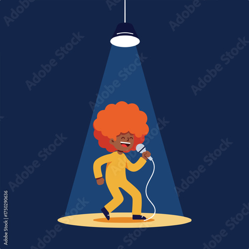 Animated character with afro hair singing into a microphone on a stage