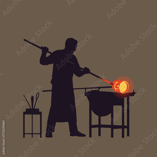 Silhouette of a glassblower at work, shaping hot glass