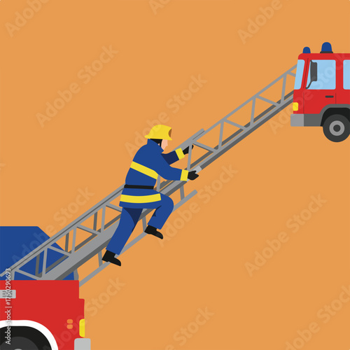 Firefighter in uniform climbing ladder of red fire truck on orange background
