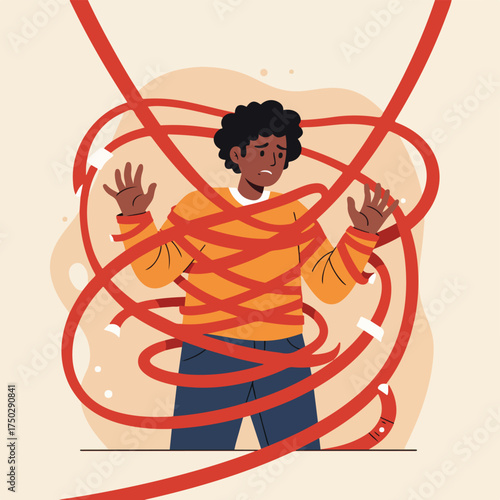 Person trapped by red ribbons, looking distressed