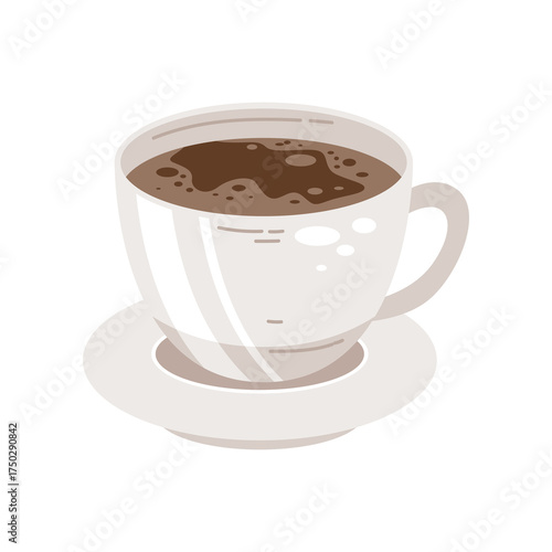 White Coffee Cup On Saucer Pixel Art Style With Dark Coffee Inside Isolated On Transparent Background