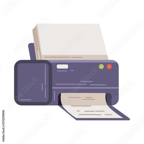 Purple Printer Printing Documents with White Paper Stack on Transparent Background