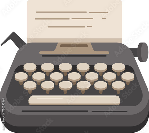 Vintage Typewriter Illustration on Transparent Background Showing Paper and Keys