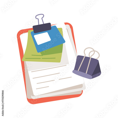 Illustration of Office Supplies a Red Clipboard with Paper and Post It Notes with Paper Clip on Transparent Background