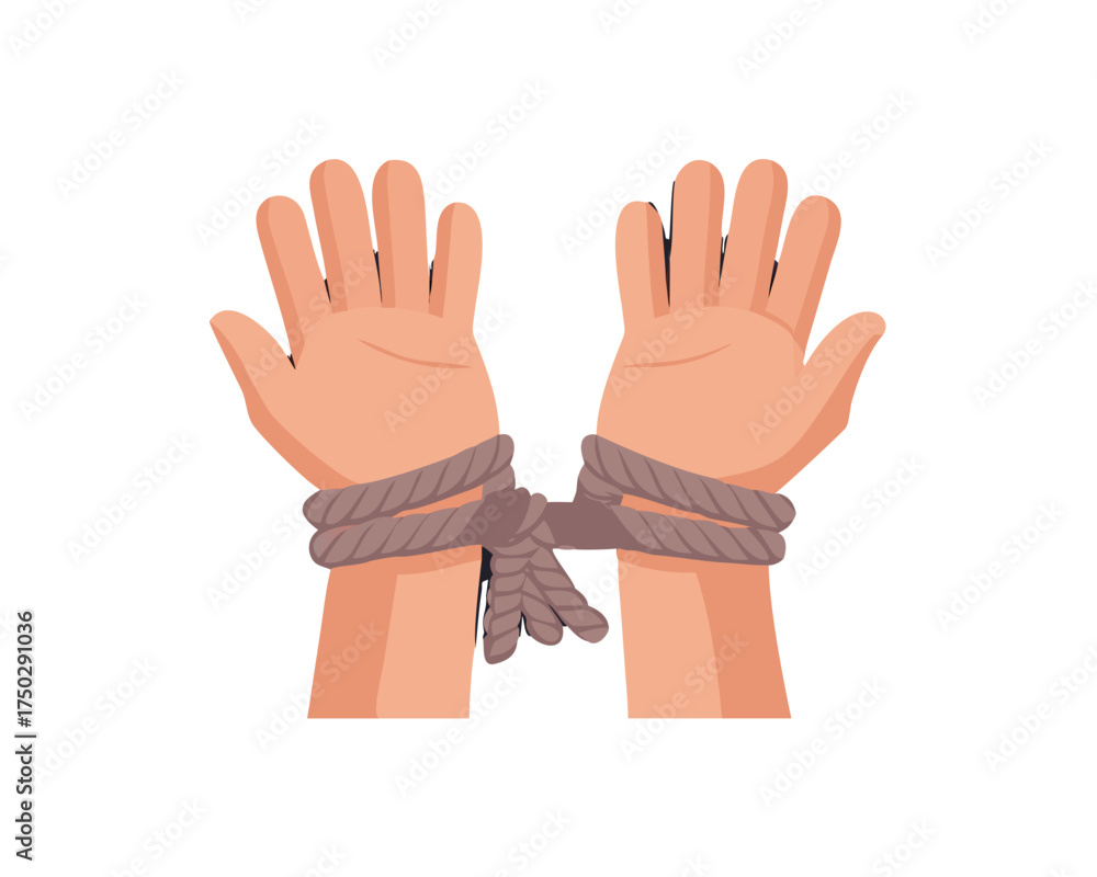 Fototapeta premium Male hands tied with a rough rope at the wrists close-up on a dark background, soft focus. Conceptual image of violence, slavery, dependence, lawlessness, lack of ... See More