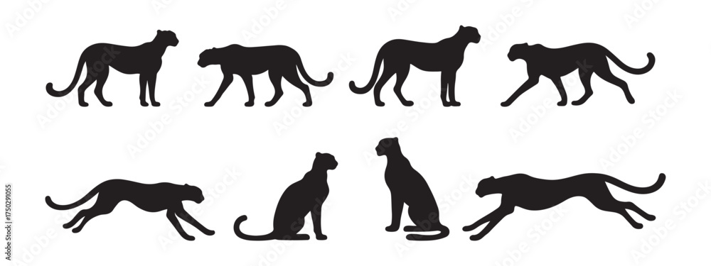 Naklejka premium Sleek cheetah silhouettes in dynamic poses offer versatile design elements for branding, wildlife projects, and modern logo creation with a touch of fierce elegance