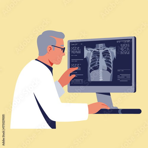 Physician examines chest x-ray on computer screen