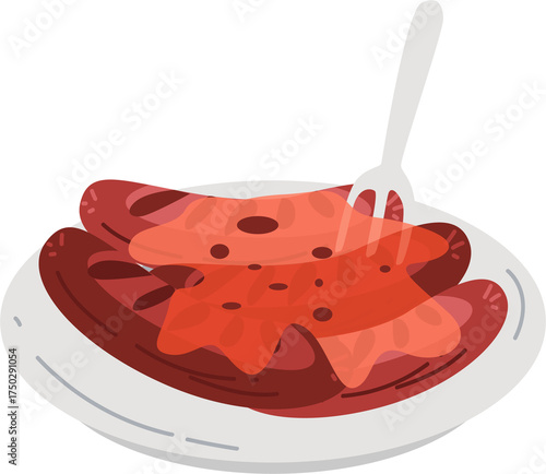Cartoon Illustration of Sausage Meal on Plate with Fork and Transparent Background