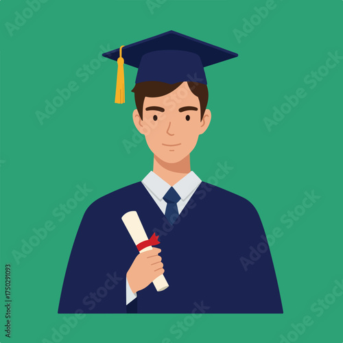 A smiling young man in graduation attire holds a diploma