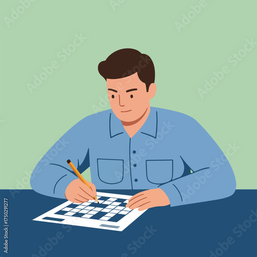 Man focused on solving a crossword puzzle with a pencil